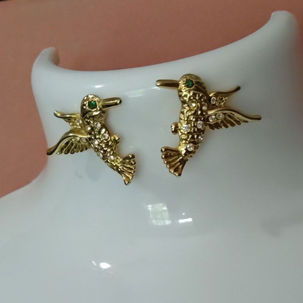 Hummingbird Earrings Gold Tone Crystal Accent Green Eye Studs Pierced Cute Gift